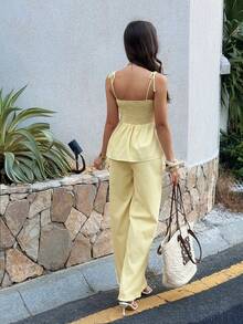 PoPoHouse 女士优雅两件套，系带荷叶边吊带背心 + 宽松阔腿裤，休闲通勤、办公室、海滩度假日常穿搭，黄色夏季款 - 黃色 - 查看 2