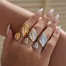 3pcs/1pc Stylish Design Stainless Steel Metal Leaf Leaves Open Ring Rust Proof Individualistic Fashion Jewelry Water Resistant Gift - Multicolor - View 3