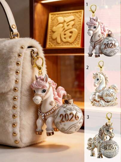 Pink & Golden Glitter 2026 Horse Charm Ornament | Top-Rated Sparkling Glittery Horse Figurine Pendant ,Xiao Ma Design | Multi-Functional Keychain, Bag Charm & Car Rearview Mirror Hanger | Chinese Spring Festival Mascot, Year Of The Horse Symbol & Festive Interior Decor | Perfect For Party Favors, Holiday Gifts, Home Decoration & Spring Festival Atmosphere Enhancement | Ideal For Festival Enthusiasts, Car Owners, Gift Seekers & Family Friends Spring Festival Atmosphere