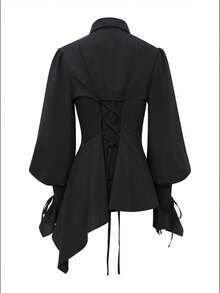 Blusa versátil de manga larga con cuello estilo Lolita gótico elegante para mujer, de tela tejida de unicolor con volantes/flecos, ajustable en la espalda, camisa de primavera/verano - Negro - Ver 2