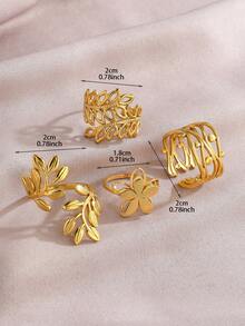 4pcs Set Stainless Steel Minimalist Gold-Tone Leaf, Flower, Geometric Open Rings, 18K Gold Plated, Suitable For Women's Daily Wear Or Gift - Yellow Gold - View 4