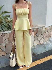 PoPoHouse 女士优雅两件套，系带荷叶边吊带背心 + 宽松阔腿裤，休闲通勤、办公室、海滩度假日常穿搭，黄色夏季款 - 黃色 - 查看 8