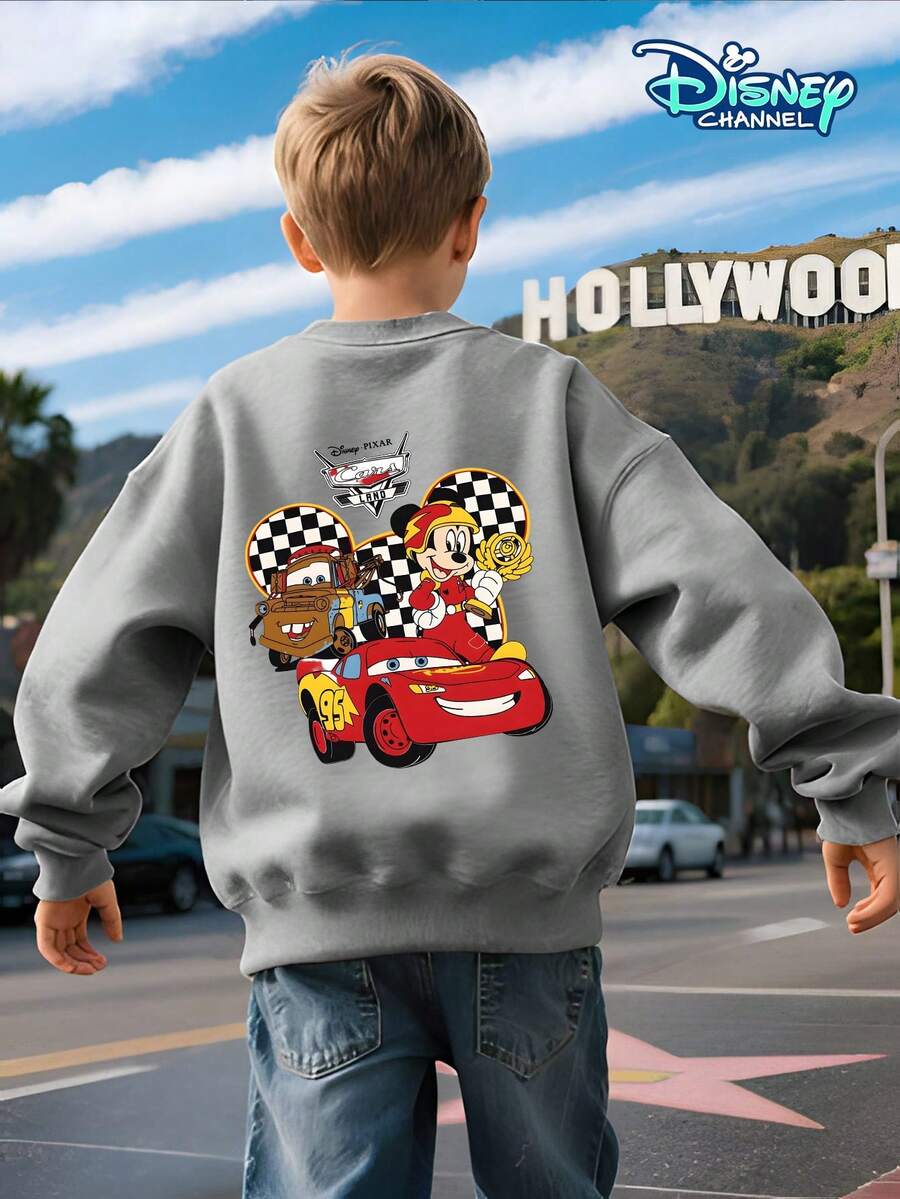 Boys' Crew Neck Pullover Sweatshirt, Suitable For Spring, Autumn, And Winter, For Children Aged 8-12. Gray, Loose And Comfortable Fit. Front Features "LIGHTNING MCQUEEN" In Red Lettering And A Lightning McQueen Racing Car Print. Back Features A Collaboration Of Lightning McQueen, Mater, And Mickey Mouse. Disney Cars Themed Design. Skin-Friendly And Breathable Fabric. Can Be Paired With Jeans, Sweatpants, Or Casual Shorts For Various Looks. Suitable For School, Weekend Outings, Family Gatherings, Disneyland Visits, And More. Eye-Catching Cartoon Design, A Must-Have For Back-To-School Season. Machine Washable And Durable. Fits All Body Types. Versatile And Practical Children's Top. Popular American Children's IP Collaboration Sweatshirt. Boys' Everyday Casual Top. Disney-Themed Children's Fun Printed Pullover Sweatshirt. Comfortable And Skin-Friendly Top For Teenagers. Unique Patterned Boys' Sweatshirt. - Màu Xám nhạt - Xem 1