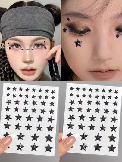 2pcs Black Pentagram Face Gems, Large & Small Pentagram Stickers, Children's Stage Makeup Face Stickers, Street Dance Makeup Rhinestone Face Decorations, Self-Adhesive Suitable For Girls And Women