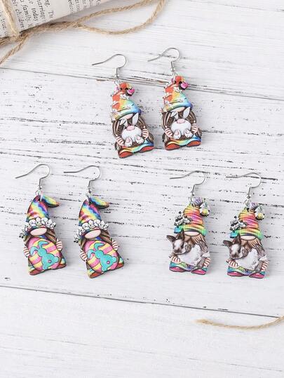 1 Pair Vintage Easter Rabbit, Egg, Flower & Gnome Pendant Earrings, Women Wooden Double-Sided Easter Earrings, Gift