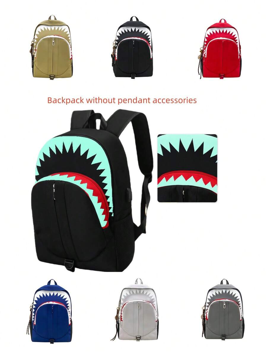 New Luminous Shark Design Backpack, Fashionable Versatile Bookbag, Large Capacity Travel Casual Rucksack - Multicolor - View 1