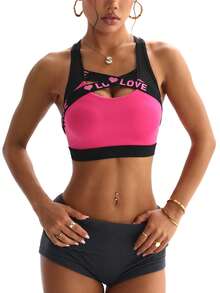 Sujetador deportivo de mujer con cuello redondo de malla, unicolor, con almohadilla extraíble y cinta con letras - Multicolor - Ver 3