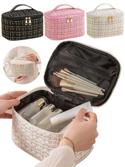 大容量单件化妆包，韩式格子便携式香水化妆包，便携式旅行化妆收纳包，多功能手提包，带双拉链口袋，双层洗漱包，可装化妆刷套装、化妆品、旅行配件化妆包、洗漱包，男女通用。