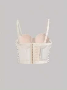 Sexy Nightclub Party Handmade Pearl & Rhinestone Bustier Crop Top, Revealing Backless Spaghetti Strap Tank Top For Clubwear - Apricot - View 7