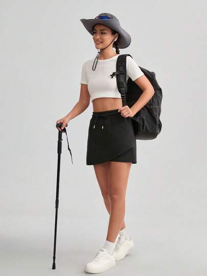 女士纯色抽绳腰休闲短裤，适合日常穿着、徒步、跑步、骑行等多种场合。