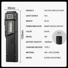 High Performance S90 Flashlight TG3 LED Source 8 Level Illumination Settings Digital Battery Monitor Type C Charging System 1000mAh Rechargeable Power Dual Switch Design ABS Metal Alloy Build Ultra Light 96 Gram Weight Pen Clip Carry Convenience Tactical EDC Light Outdoor Camping Tool Hiking Accessory Emergency Light Source Vehicle Inspection Lamp Night Safety Device - S90 黑色 - 查看 10