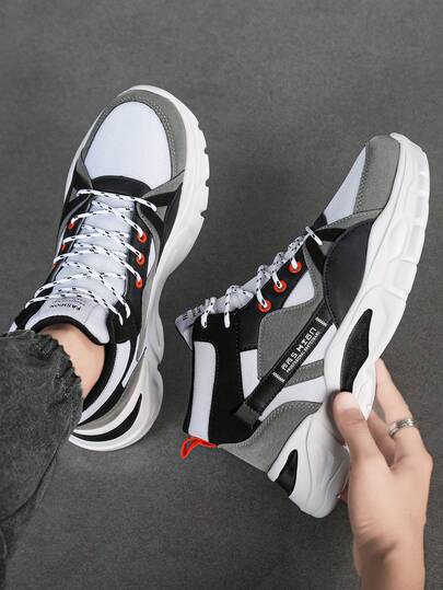 Men's Spring/Summer Personalized Contrast Color Leather & Mesh Lace-Up High-Top Casual Sports Shoes, Fashion Versatile Outdoor Fitness Walking Commute Comfortable Athletic Sneakers