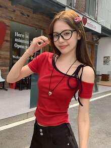 美国性感吊带短袖T恤，夏季系带修身露脐上衣 - 紅色 - 查看 2