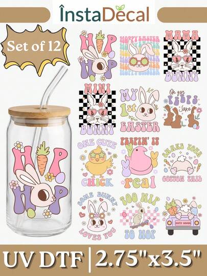 12pcs Easter UV DTF Transfer Stickers Suitable For Glass/Cups, Size 2.75x3.5 Inch Waterproof Rabbit And Egg Stickers, Applicable For DIY Spring Crafts, Mugs And Car Windows