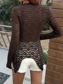 Camisa de manga larga con detalle de encaje para mujer EARO, de longitud regular, versátil y cómoda con un ligero estiramiento para la primavera - Café integral - Ver 2