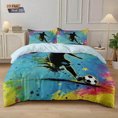 3pcs Colorful Football Printed Duvet Cover Set, Includes 1 Duvet Cover And 2 Pillow Shams, Ultra Soft And Comfortable Material Suitable For Cozy Bedroom, Easy Care Machine Washable Bedding Set For All Occasions, Minimalist, Elegant, Luxury, Romantic, Couple Essential, Zipper Closure