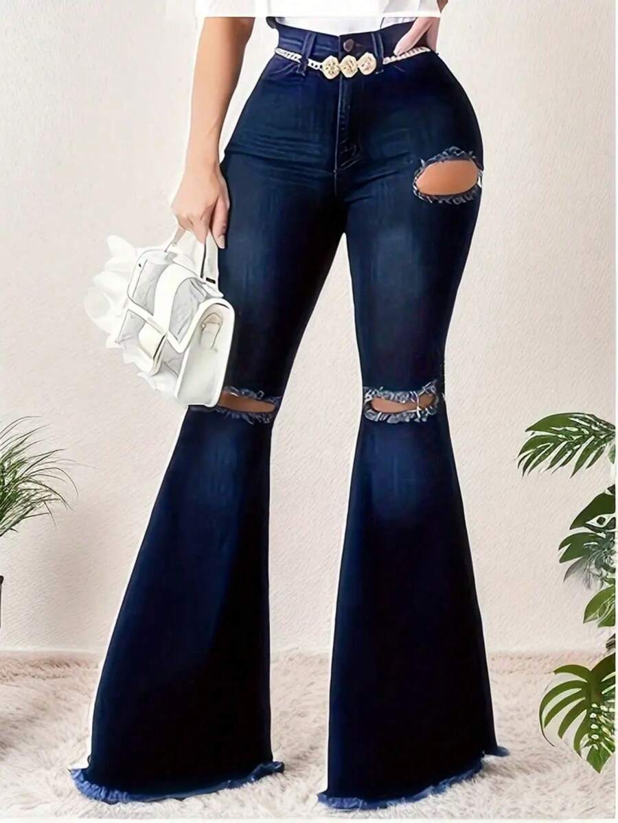 Women's Fashion Street Style Ripped Detail Button Decoration Flare Leg Jeans - Blue - View 1