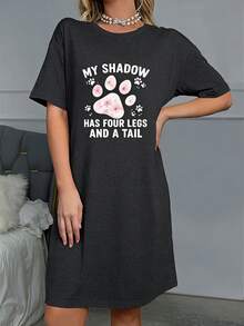 My Shadow Paw Print Pajama Dress - Soft Polyester, Round Neck, Short Sleeves, Black And White, My Shadow Has Four And A Tail Design, Comfortable Home Or Outdoor Wear, A Lovers J3K1 - Màu xám đen - Xem 8