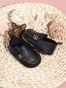 1 Pair Newborn Infant Boy's Solid Color PU Slip-On Soft Sole Breathable Lightweight Casual Sports Shoes, Simple And Comfortable, Suitable For Spring And Autumn (0-3 Months) - Black - View 3