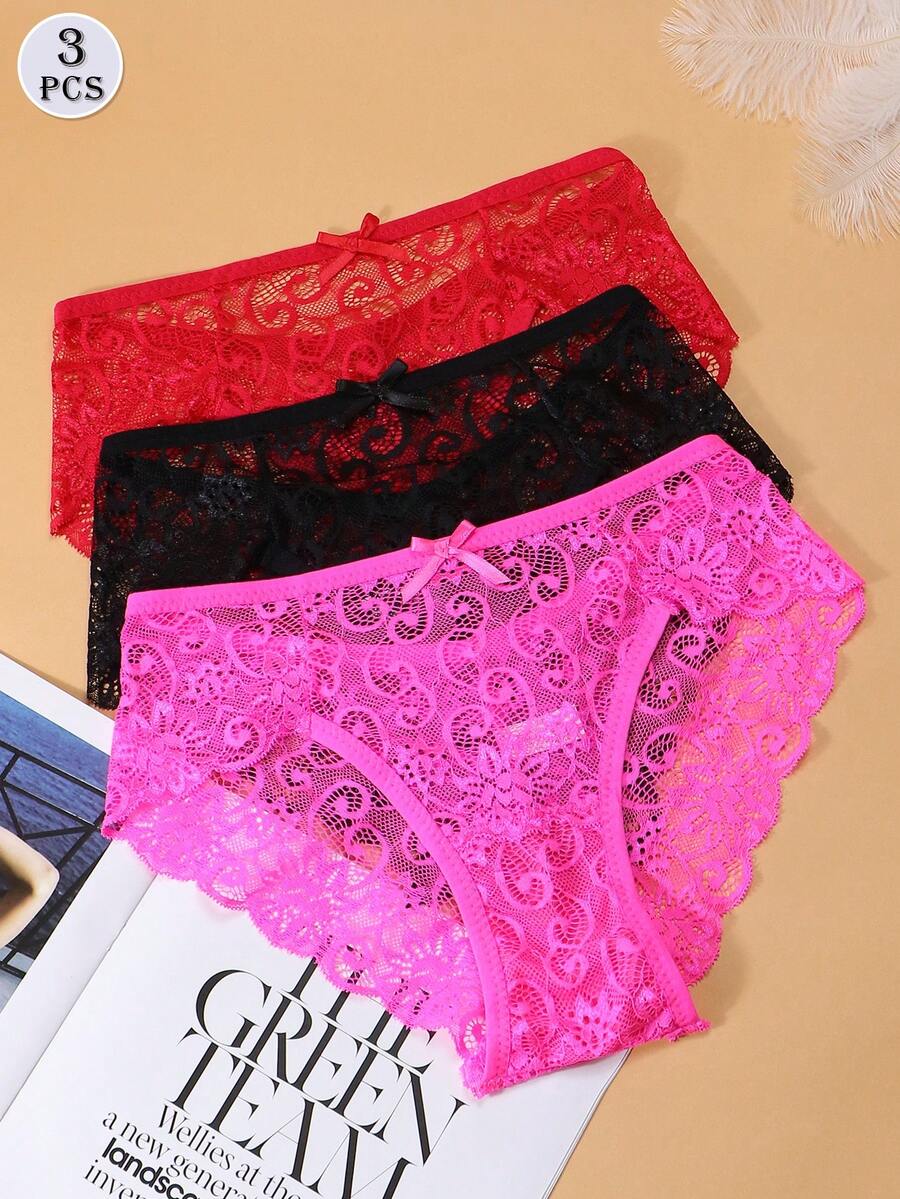 Bộ 3 chiếc quần lót dây ren cạp thấp gợi cảm dành cho nữ. - Nhiều màu - Xem 1