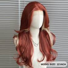 13x4 红色蕾丝前假发，13 英寸长波浪高光泽合成假发，22 英寸长无胶 Kanekalon 耐热纤维假发，自由分缝，150% 密度，适合日常、派对、节日佩戴，新手友好型透明蕾丝假发 - 紅色 - 查看 5