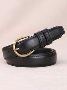 1pc Classic Black Leather Belt With Antique Bronze Buckle, Slim Design Suitable For Jeans, Dresses And Daily Wear - Black - View 6