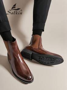Salkin Vintage Designer Men's Chelsea Boots, Pull-On Style, Pointed Toe Design, Luxury Mid-Calf Ankle Boots, Men's Soft Genuine Leather Boots, Gentleman Business Formal Shoes, Daily Office Party Casual Shoes, Couple's Romantic Dinner Date Gift, Back To School Student Shoes, College Style, Suggest Sizing Up One Size - Rust Brown - View 9