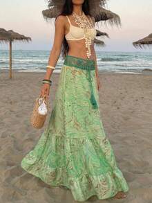 女士印花A字度假半身裙，时尚度假沙滩裙 - 綠色 - 查看 7