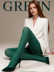 [Élanzette]女士时尚酒红色不透明连裤袜，柔软加厚，适合商务、派对和休闲场合穿着 - 墨綠色 - 查看 1