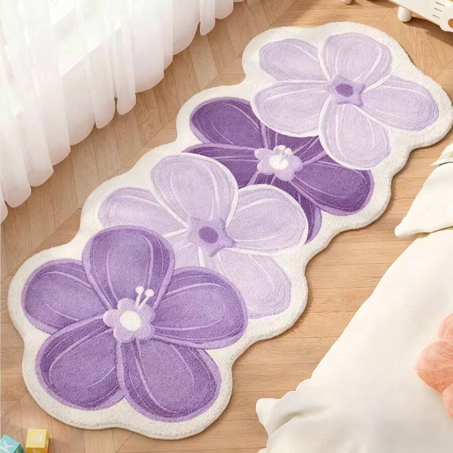 1件白色紫色花卉图案地毯，客厅装饰，卧室地毯，家居休闲地毯，装饰地毯，小地毯，地毯，家居装饰，客厅地毯，客厅小地毯，卧室地毯，客厅家居装饰，户外地毯，毛绒地毯，绒毛地毯，秋冬季地毯，厚实/蓬松，可水洗地毯