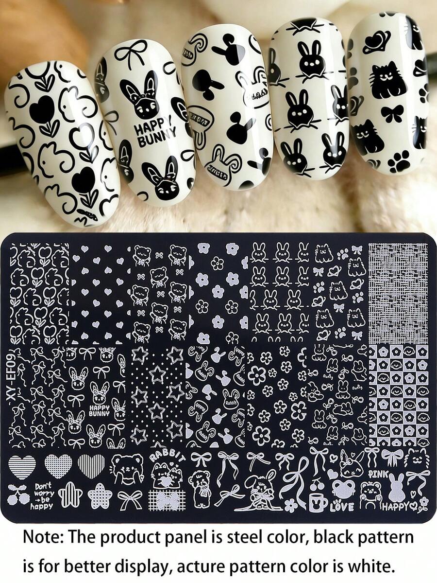 1pc Bunny Nail Art Stamping Plate, Cartoon Cute Rabbit Bear Bow Flower Easter Design Y2K Style Printing Template Nail Art Accessory Tool, DIY Manicure Salon, Nail Supply - Silver - View 1