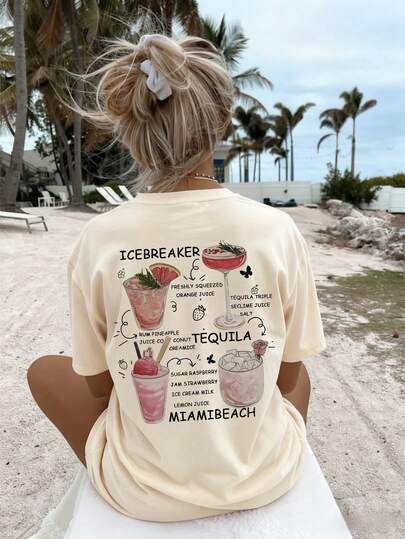 Women's Miami Beach Cocktail Print Breathable Comfortable Loose Fitted American Style Vacation INS Short Sleeve T-Shirt, Multifunctional Top For Summer Beach Vacation, Pool Party, Girlfriend Gathering