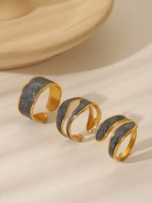 3pcs Stainless Steel Fashionable Minimalist Creative Green & Black Oil Drop Geometric Open Ring Set, Suitable For Women's Daily Wear Or As Gift - Gold - View 5