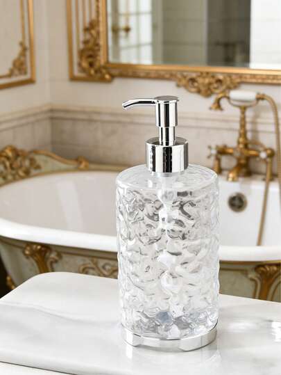 1pc 400ML/600ML Hammered Pattern Clear Plastic Pump Dispenser Refillable Empty Lotion Bottle Modern Bathroom Storage Jar For Liquid Soap Body Wash Home Washroom Countertop Accessory