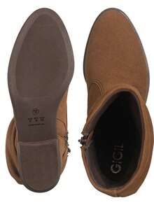 Women's Boot With Round Toe, Gathered, Ruffled, Pleated Side Detail, Short Shaft, Low Heel - GiGiL - Camel - View 4