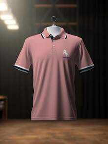 One Pcs Men's Pink Contrast Collar & Equestrian Logo Polo Shirt, Slim Fit 3-Button Placket Business Commute Short Sleeve Top - Nhiều màu - Xem 3