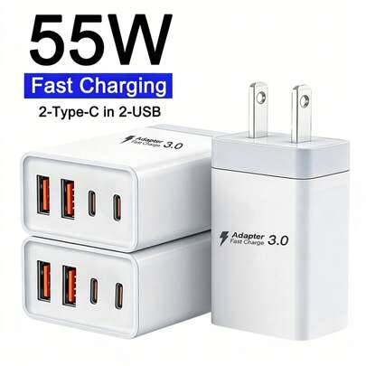 快速充电美规A型插头110-127V 3PCS/2PCS/1PC 55W超快4端口充电器，配备2个USB-A端口和2个USB-C端口，墙式充电器，完全兼容 17/16/15/14/13/12系列以及三星Galaxy S26/S25/S24/S23系列，非常适合家庭、办公室和旅行使用，情人节礼物系列。