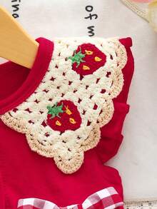 Baby Girl Solid Color Dress With Red & White Plaid Bow And Strawberry Crochet Collar - Red - View 4