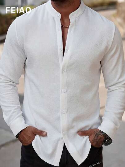 FEIAO Men's Retro Vintage Coin Pattern Solid Color Waffle Texture Casual Shirt, Minimalist Fashion Versatile