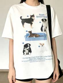 Áo thun nữ cổ tròn in họa tiết động vật, dáng rộng, thoải mái mặc hàng ngày - trắng - Xem 2