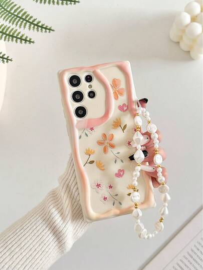 Cream Wavy Floral Glossy Painted Anti-Drop Phone Case With Beaded Bracelet Accessory, Compatible With IPhone, Galaxy,