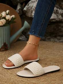 Plus Size 41 Beige Women's Slippers, Round Toe Flat Sandals For Spring/Summer, Suitable For Dresses To Make Legs Look Longer, Fashion Rhinestone Strap Slides, Beautiful Girl Summer Beach Shoes, Non-Slip Home Slippers, Lovely Girl Plastic Slippers Size 43 - Beige - View 2