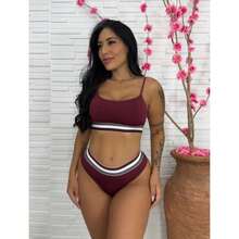 Conjunto Tricolor Top Sem Bojo + Calcinha Fio Forro de Algodão Moda Feminina Academia Verão - Vinho - Visão 1