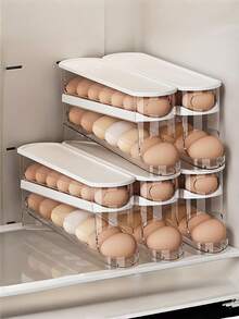 2pcs Automatic Egg Storage Box, Holds 12-14 Eggs, Sliding Double-Layer Design, Fresh Egg Holder, Kitchen Essential, Space-Saving Fridge Egg Tray - Multicolor - View 3