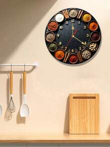 10/12 Inch Silent Round Clock, Decorated With Various Spices And Seasonings, Made Of Wooden Material, Equipped With Quartz Movement, Mixed Tone With Gold Accents, Battery Operated (AA Batteries Not Included), Suitable For Bedroom, Kitchen, Study - 1PC - View 2