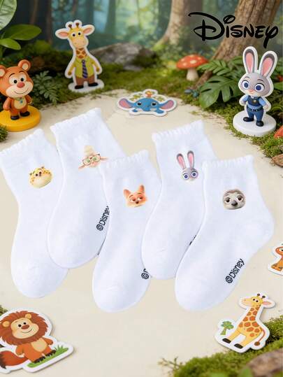 Disney 1/5 Pair Zootopia Cartoon Print Elastic Socks, Girls/Boys Short Socks, Daily/Party Gift/Easter/Spring & Summer Socks, Black Ribbed Knit Breathable Ankle Socks, Casual Daily Wear Socks, Soft & Skin-Friendly, Suitable For All Seasons, Cute Anime Socks, Comfortable Daily Socks