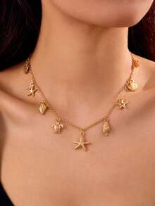 1 pieza Collar con colgante de criatura marina con textura de estilo bohemio dorado - Concha, estrella de mar, tortuga, accesorio esencial versátil para playa y vacaciones, gran regalo - Dorado - Ver 2