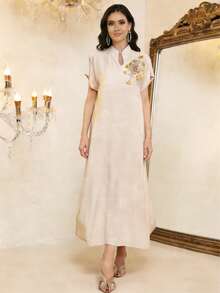 Elegant Embroidered Beaded Arabic Dress, Short Sleeve V-Neck Jalabiya Dress, Ramadan Atmosphere, Soft 2026 New Design Robe - Apricot - View 3