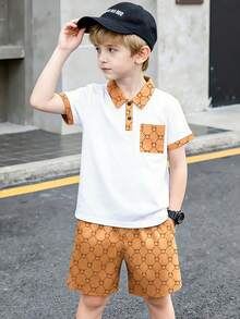 Set de 2 piese, stil preppy, pentru băieți preadolescenti, tricou polo caramel cu blocuri de culoare + pantaloni scurți cu imprimeu floral integral, ținută luxoasă pentru școală, ieșiri în oraș, vacanță, set confortabil, asortat - Kaki - Vizualizare 6