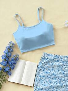 女士两件套休闲波西米亚风碎花系带开衩下摆沙滩度假套装 - 淺藍色 - 查看 4